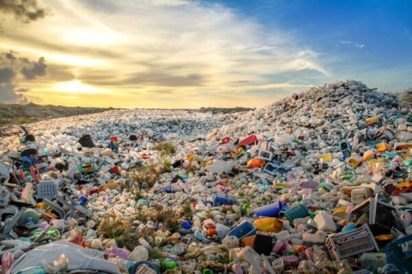 Plastic waste litters a landfill site