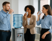 Office workers having water at water cooler