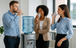 Office workers having water at water cooler
